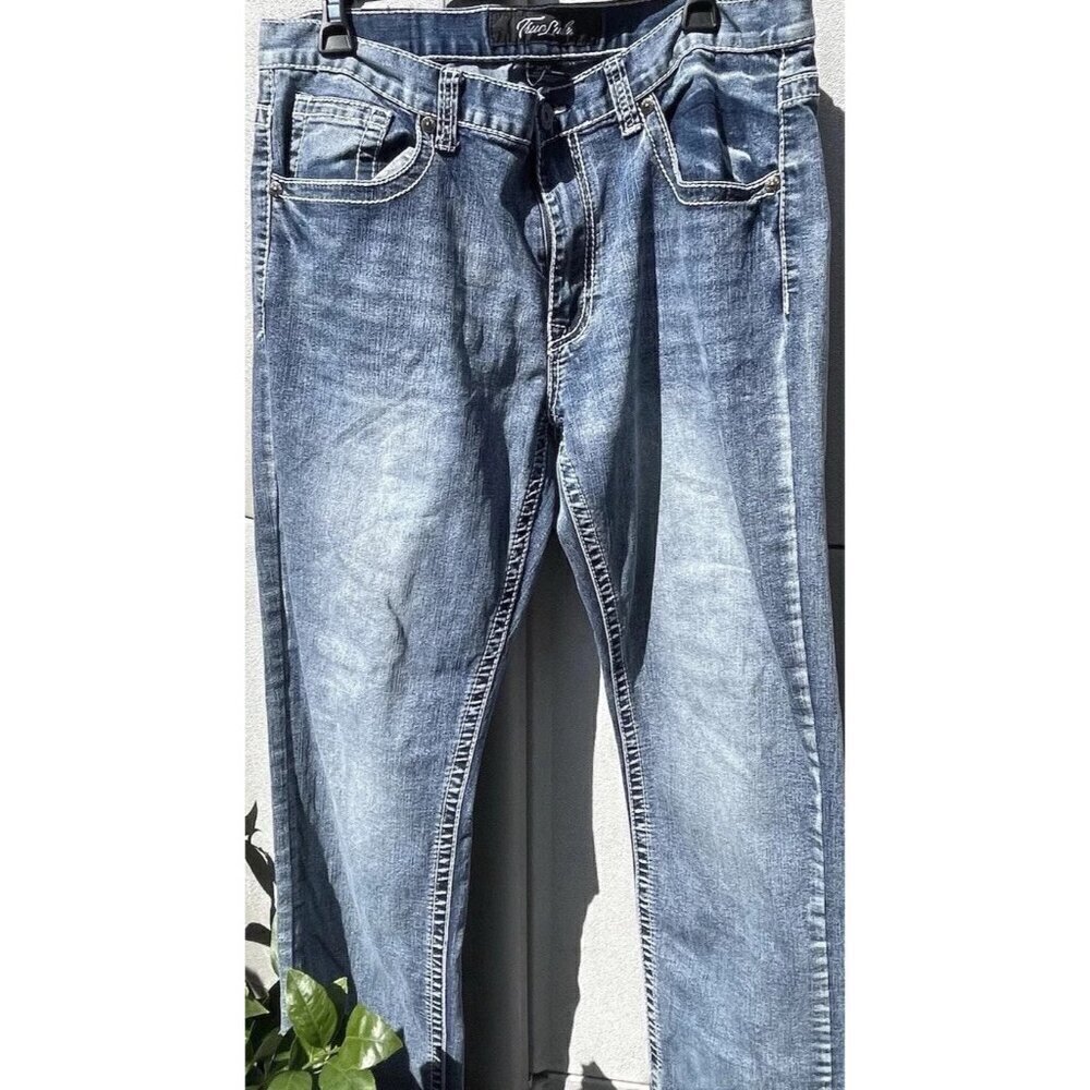 Vintage TRUE LUCK Slim Classic Stretch Full Blast Blue Denim Mens Jeans 36x32